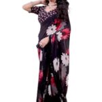 Women's Black Floral Printed Georgette Saree with Printed Unstiched Blouse with lace Border for Girls Farewell Woman occansion dailywear