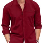 MADHAVISTA Mens Casual Button Down Shirt | Cotton Luster Long Sleeves Shirts | Mandarin Collared Shirts Maroon