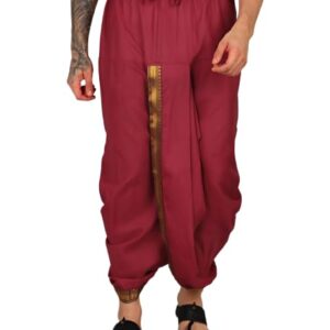 Sashika Banaras Men's Silk Cotton Dhoti Pants, Black with Brown Trim, Traditional Style, Drawstring Waist (Maroon)