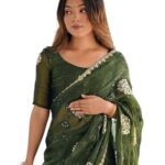 SIRIL Women's Shimmer Chiffon Sequence Embroidery Saree with Unstitched Blouse Piece (4136S159_Dark Olive Green)