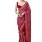 TRENDMALLS Women's Vichitra Silk Embroidery Work Saree with Unstitch Blouse Piece (K1088-Red)