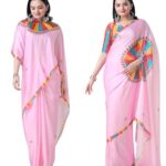 Elegant White Free Hand Saree with Bronze Mandala Design, Polka Dot Pattern, Traditional Indian Wear (Pink Ethnic)
