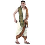 PRAKASAM COTTON Mens Asha Silk Panchakacham Ready to wear dhoti towel set with pocket/Panchakacham dhoti with Angavastram (Stitched Dhoti with Pocket