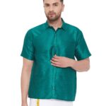 VM Mens Silk Blend Bottle Green Shirt - Effortless Style for Everyday Comfort | Ethnic South Indian Silk Shirt Half Sleeves | Modern Designs and Contemporary Fit_VASMSH001GN_38