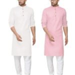 Cotton Blend Traditional Men's Kurta Pajama Set - Pack of 2, Ethnic Indian Wear (White:Pink, 44-2XL)