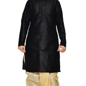 ZORAVO Men Black Dupion Silk Kurta with Beige Silk Blend Readymade Dhoti Pant Set (36)