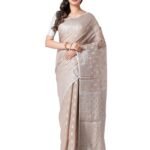 Womens Traditional Handloom Cotton Saree with Silver Work Unstitched Blouse Piece (Light Brown)