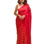MISHABOUTIQUE Women's 120 Count Pure Mulmul Cotton Embroidery Lace Border Saree Without Blouse Piece (Red)