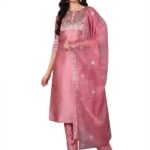 Vaamsi Women's Silk Blend Yoke Design Embroidered Straight Kurta Pant with Dupatta (PKSKD1432_Pink_XL)