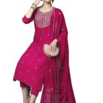 GoSriKi Women's Cotton Blend Embroidered Straight Kurta with Pant & Dupatta (Kasturi Pink-APL-GS_L_Pink_Large)