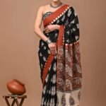 Cotton Block Printed Mulmul Saree with Unstitched Blouse Piece, 5.5m Saree Length, 80cm Blouse Length