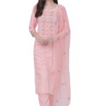 TRENDMALLS Women's Cotton Embroidery Salwar Suit Set Kurta Pant with Dupatta (G103-LightPink-XL)