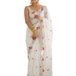 AKHILAM Women's White Georgette Embroidered Saree With Unstitched Blouse (KESARI10806_KR)