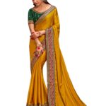 AKHILAM Women's Yellow Satin Silk Embroidered Saree with Unstitched Blouse Piece (SANCHI3008_SUM)