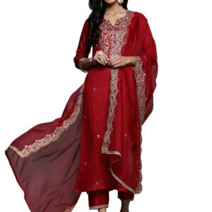 INDO ERA Women's Rayon Blend Embroidered Straight Inches Kurta With Pant with Dupatta Set (Red_KH9RD4697_Small)