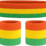 Cotton 3 Pieces Sweatbands Set, Includes Sports Headband And Wrist Sweatbands Striped Sweat Band For Athletic Men And Women - Orange Yellow Green