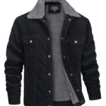 MAGNIVIT Men's Corduroy Fleece Cargo Jacket Winter Snap Button Lapel Sherpa Lined Trucker Cowboy Coat with 5 Pockets, Black, Medium